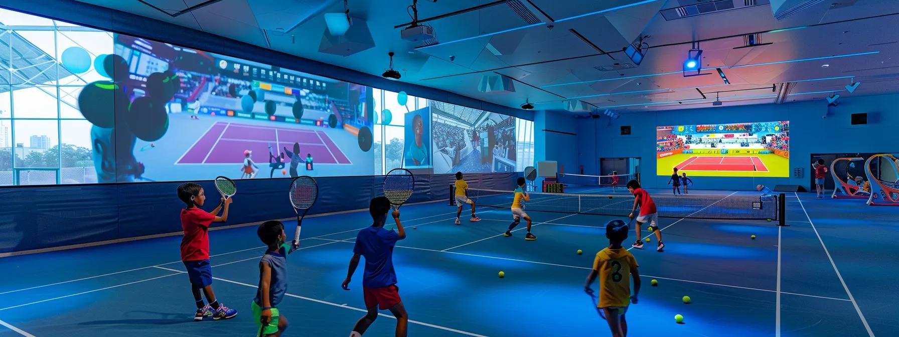a vibrant indoor tennis training facility showcases a diverse group of young players energetically practicing with advanced polymer rackets and brightly colored balls, surrounded by digital performance analysis screens and educational resources highlighting their growing skills and aspirations.