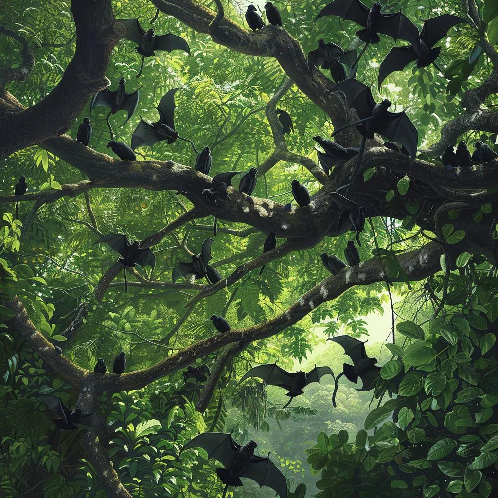 Colony of fruit bats in their natural habitat, illustrating their role as reservoirs for Nipah virus