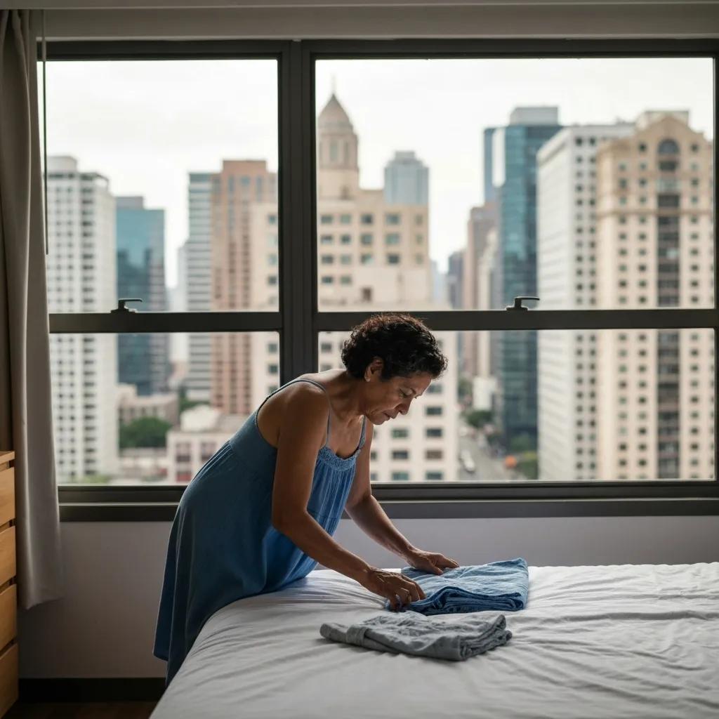 Hotel room illustrating key signs of human trafficking, including a 'Do Not Disturb' sign and signs of neglect