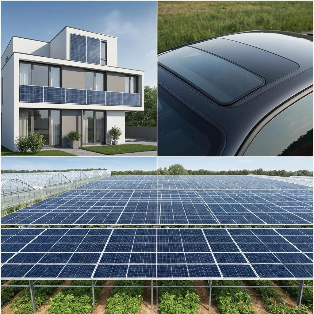 Collage of applications for transparent solar panels in buildings, vehicles, and agriculture