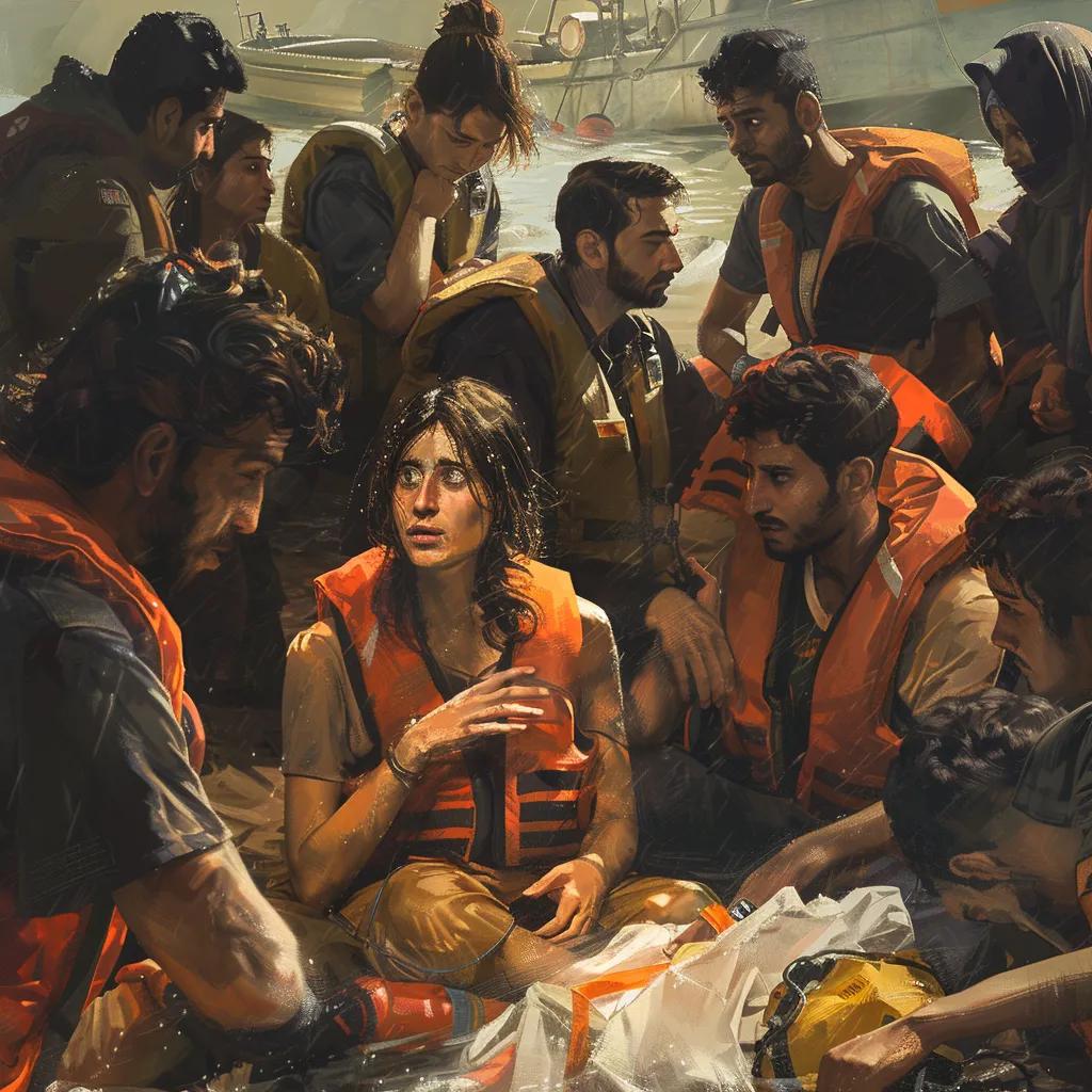 Survivors of a migrant shipwreck receiving humanitarian support and care from aid workers