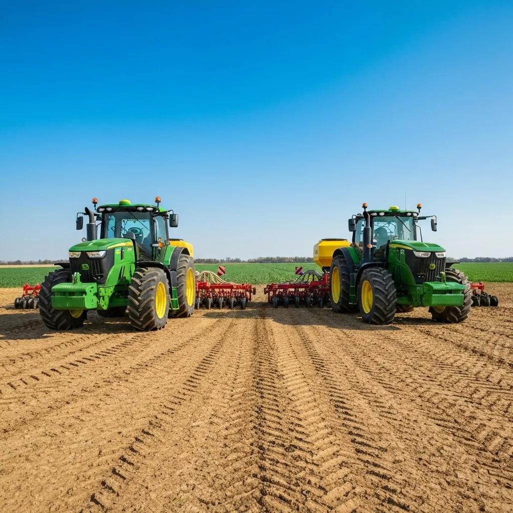 John Deere 8R and 9R autonomous tractors showcasing key features in a farm environment