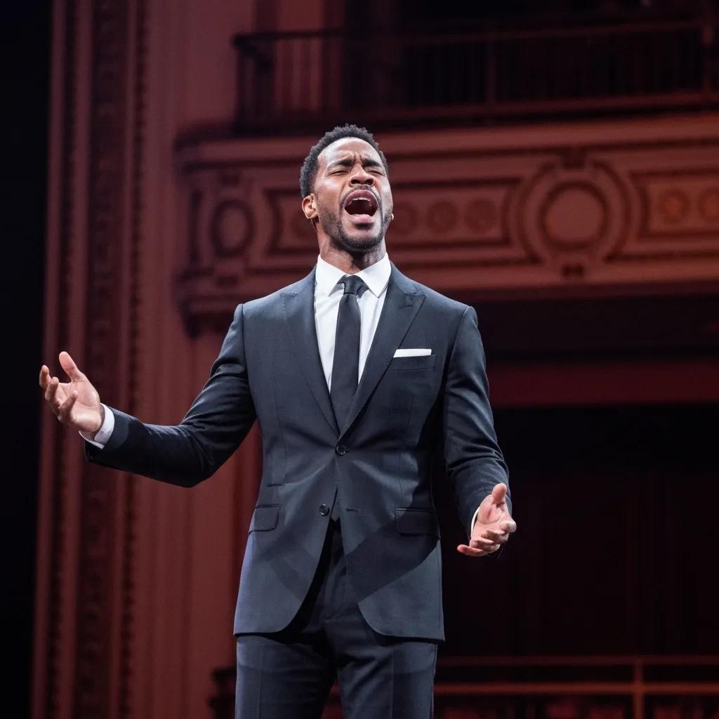 Leslie Odom Jr. performing on stage, showcasing his emotional expression and vocal mastery at the Richard Rodgers Theatre