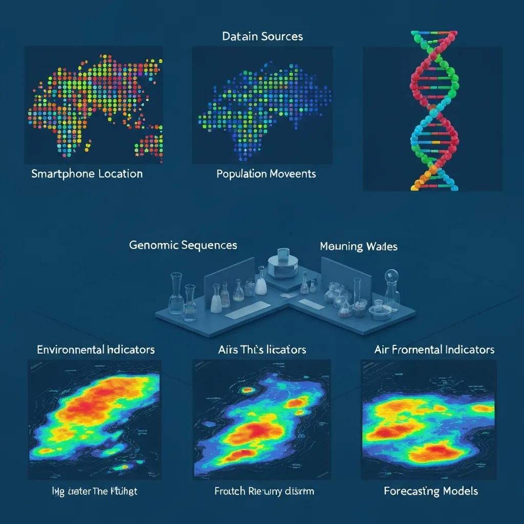 Visual representation of data sources for pandemic forecasting including mobility, genomic, and environmental data
