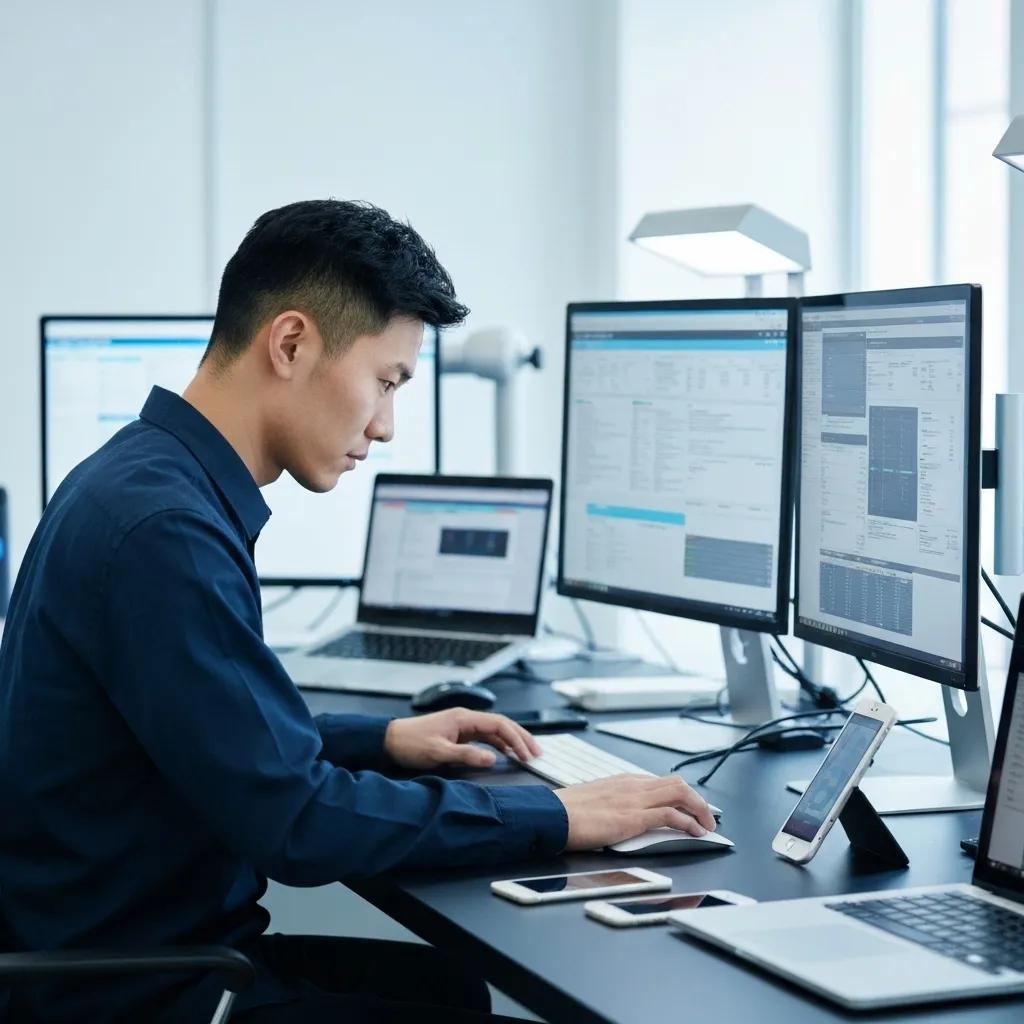 Digital forensics expert analyzing data in a modern lab, emphasizing the role of technology in cyberstalking investigations