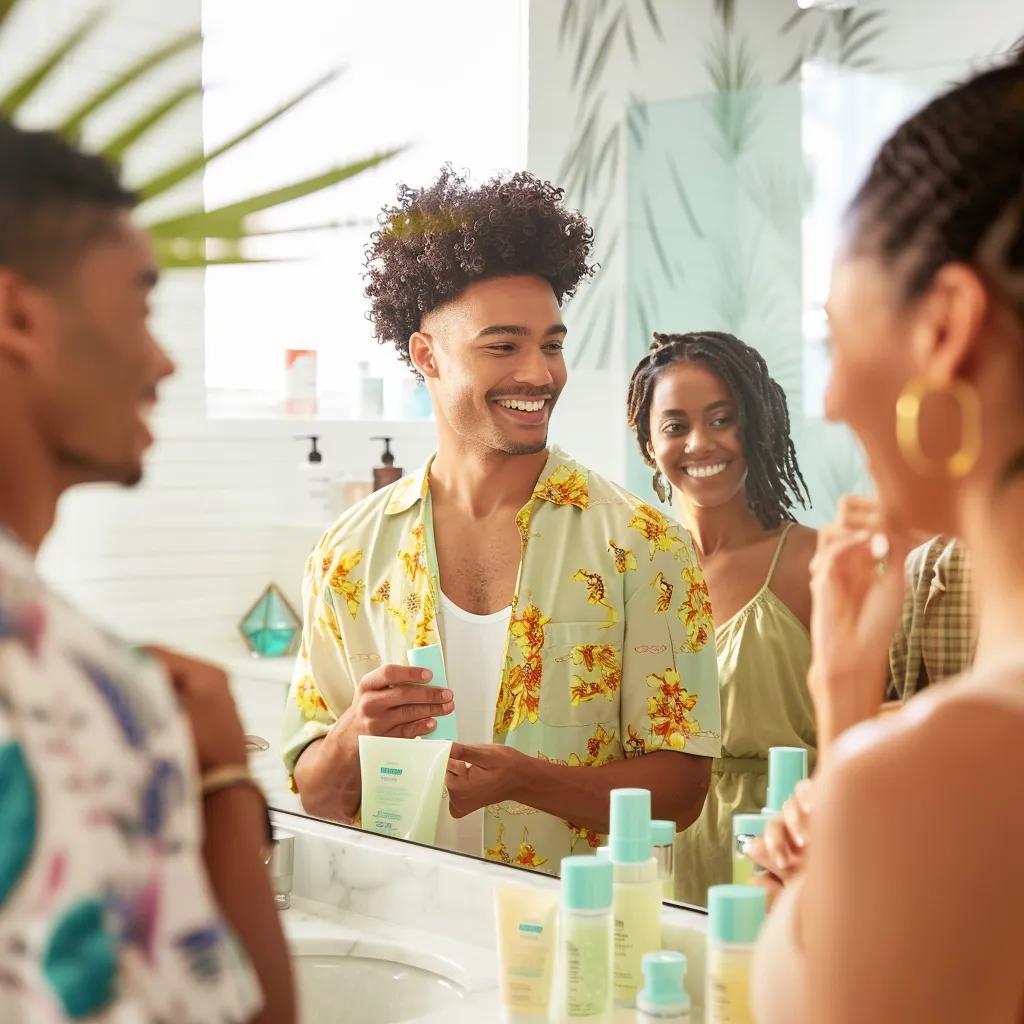Diverse individuals enjoying skincare routines in a modern bathroom, highlighting U.S. skincare brands