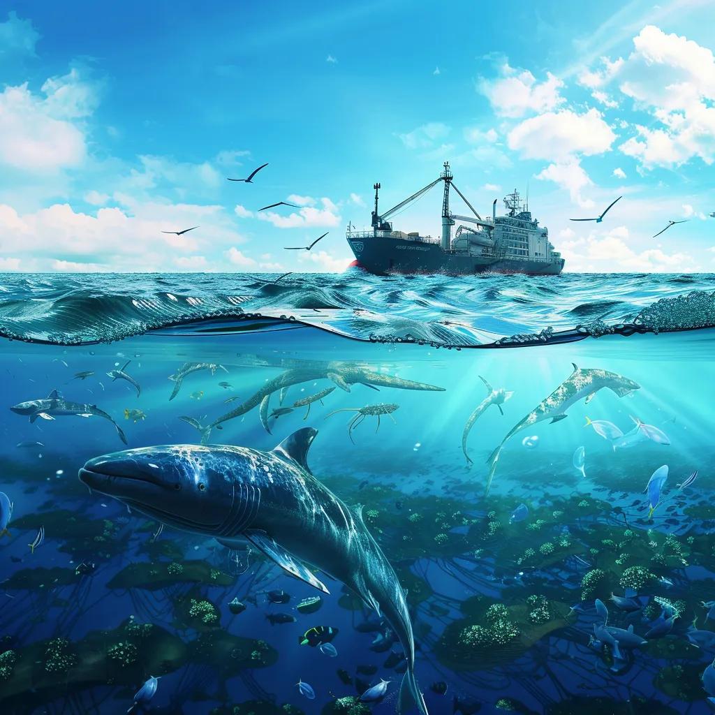 Environmental benefits of offshore aquaculture, featuring Guoxin-1 vessel in a clean ocean environment with healthy marine life