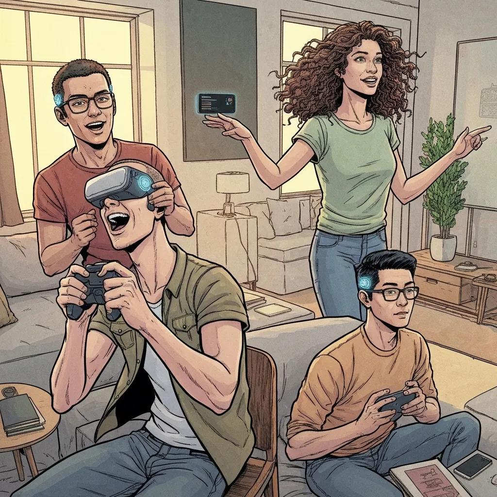 User interacting with Neuralink's brain-computer interface for smart home control, gaming, and mental wellness activities