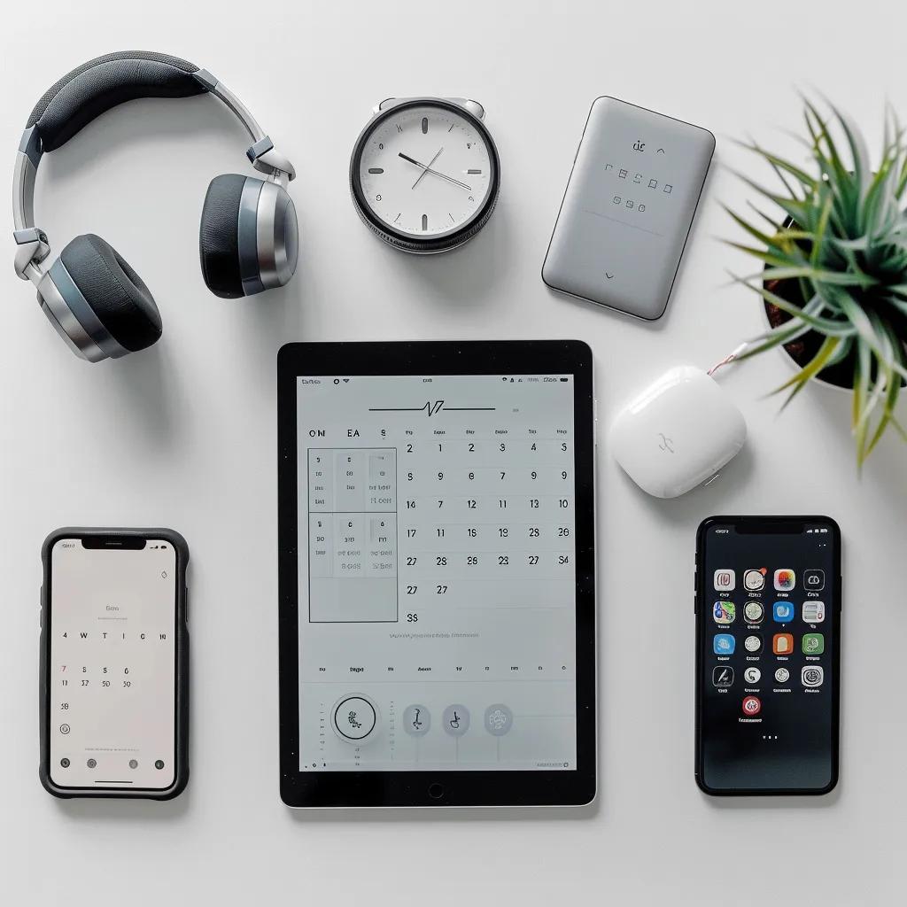 Productivity tools including a digital calendar and noise-cancelling headphones for time management