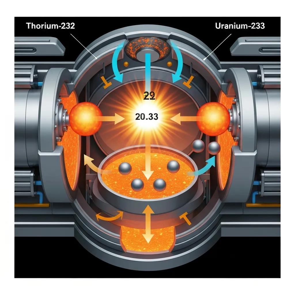 Illustration of nuclear fission process in thorium molten salt reactors, highlighting thorium-232 and uranium-233 transformation