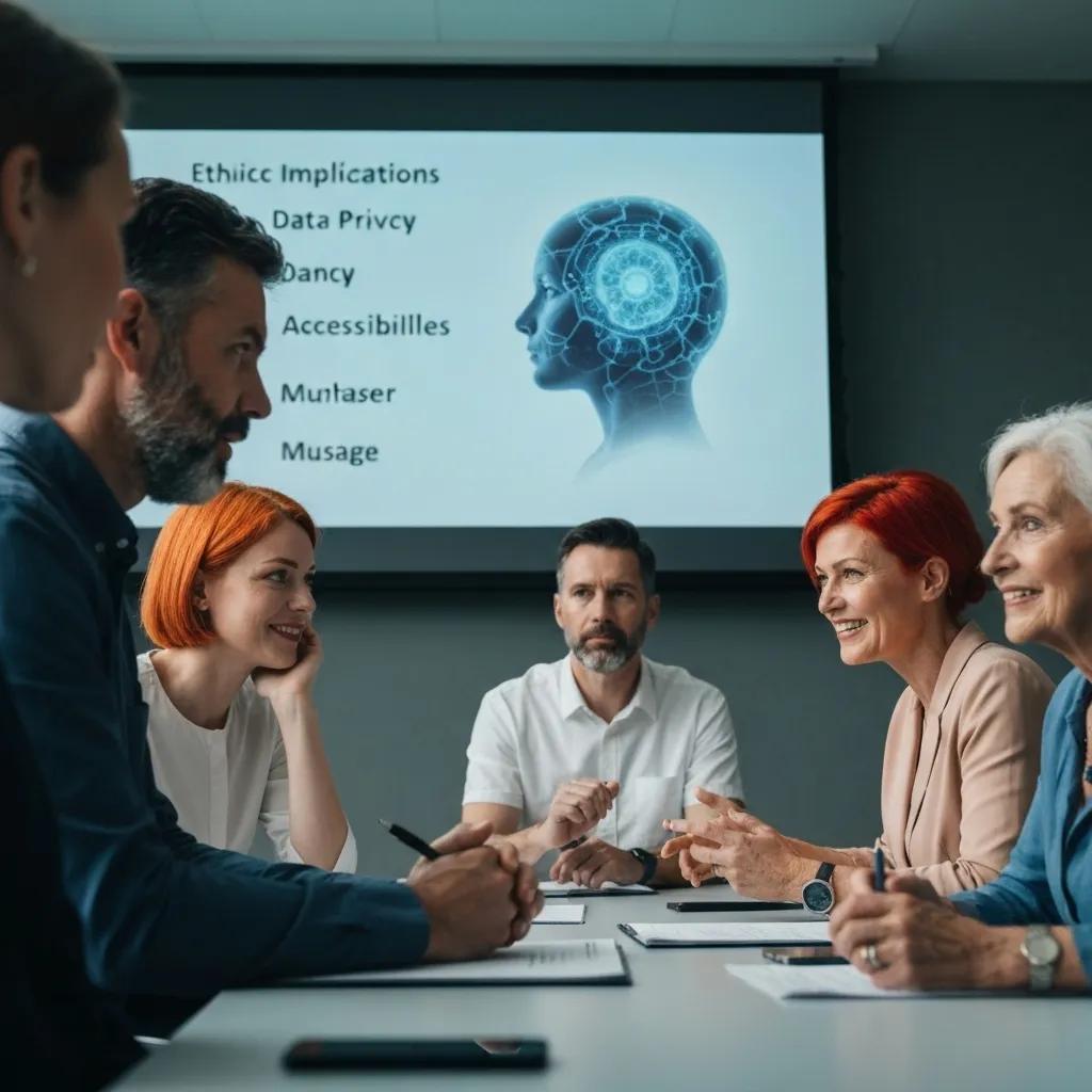 Diverse group discussing ethical considerations of brain-computer interfaces in a modern setting