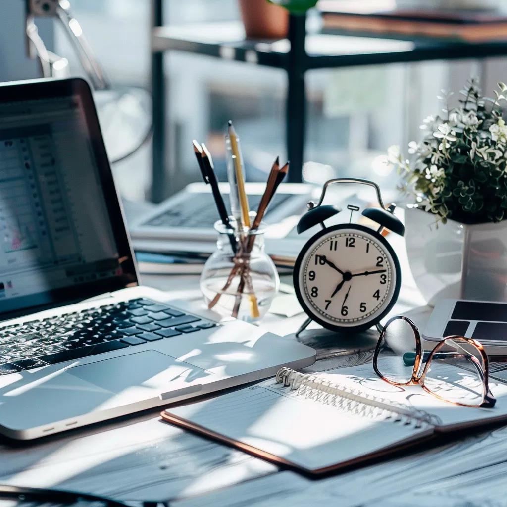 Professional workspace showcasing time management tools like a planner and clock