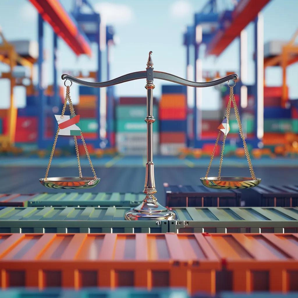 Symbolic balance scale representing U.S. economic leverage in trade with international flags and a busy trade port in the background