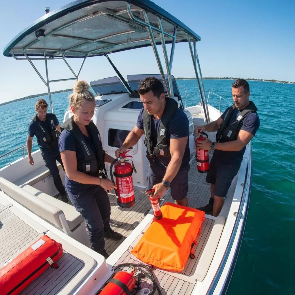 Boat operators participating in safety training drills on a vessel