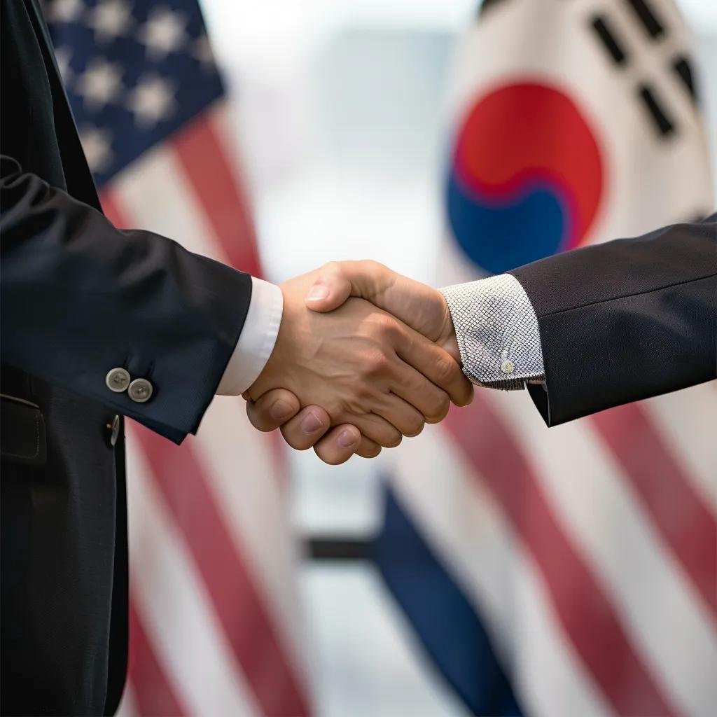 US and South Korea representatives shaking hands to symbolize the new trade agreement