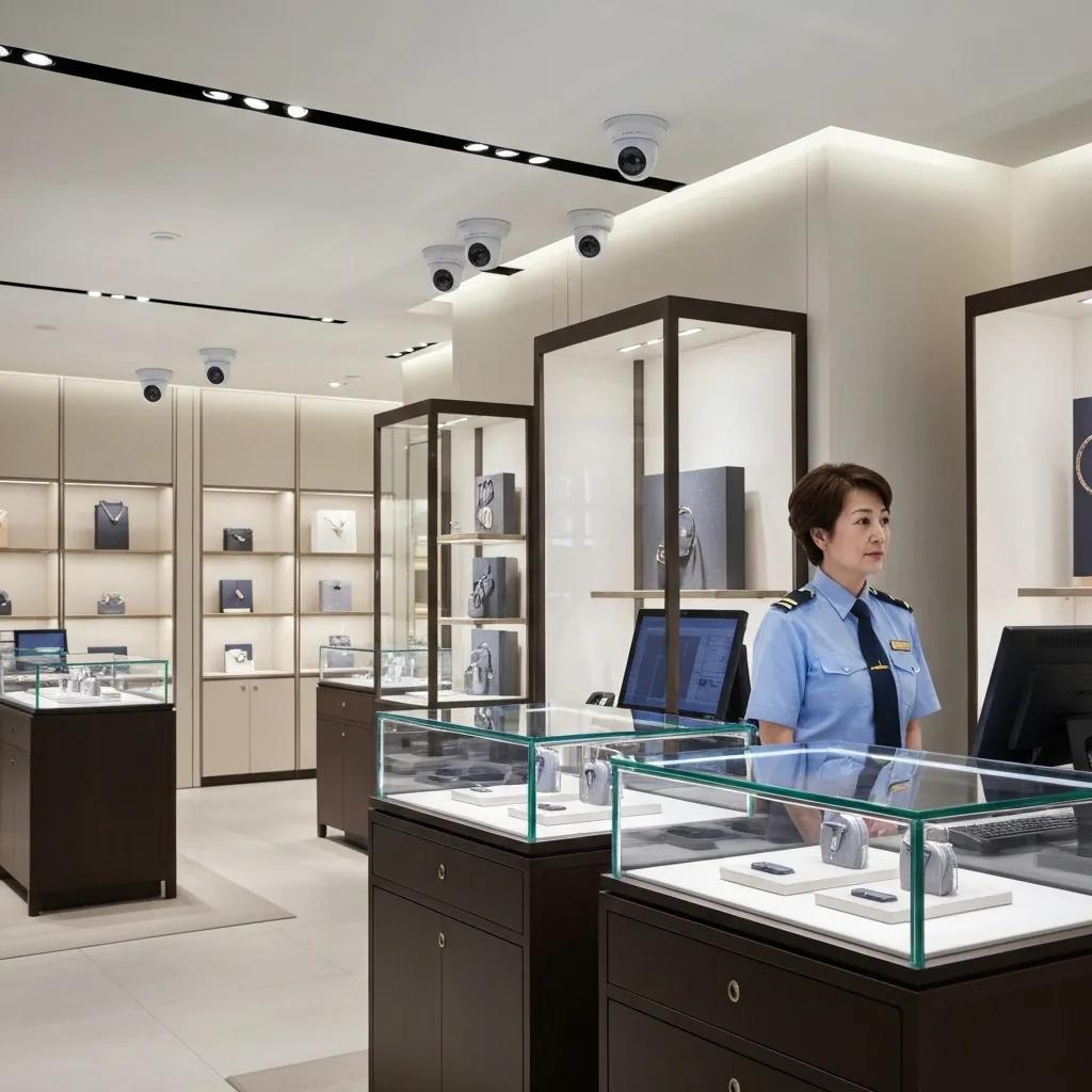 Interior of a luxury retail store with advanced security technologies, illustrating protection against smash-and-grab thefts
