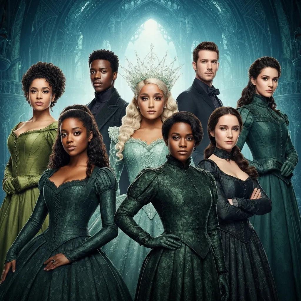 Main cast of the Wicked movie, including Cynthia Erivo and Ariana Grande, in character against a magical Oz backdrop