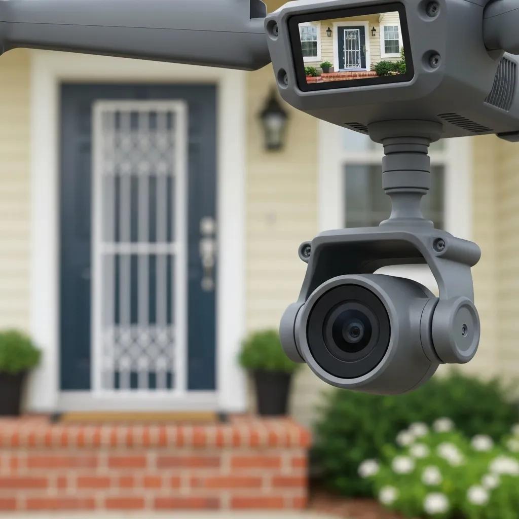 Close-up of a drone camera capturing images of a porch, illustrating surveillance tactics used by porch pirates
