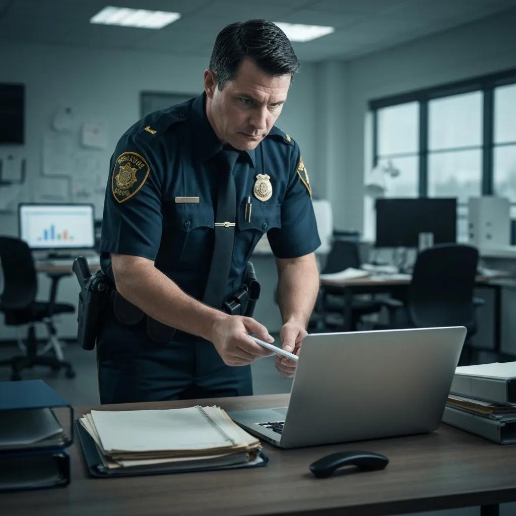 Law enforcement officer examining evidence in a corporate office