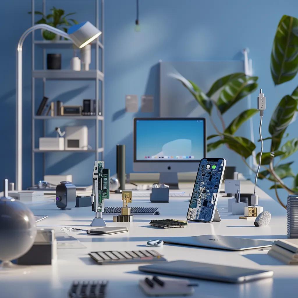 Tech workspace featuring a smartphone and semiconductor components, illustrating Qualcomm and Apple's influence in technology