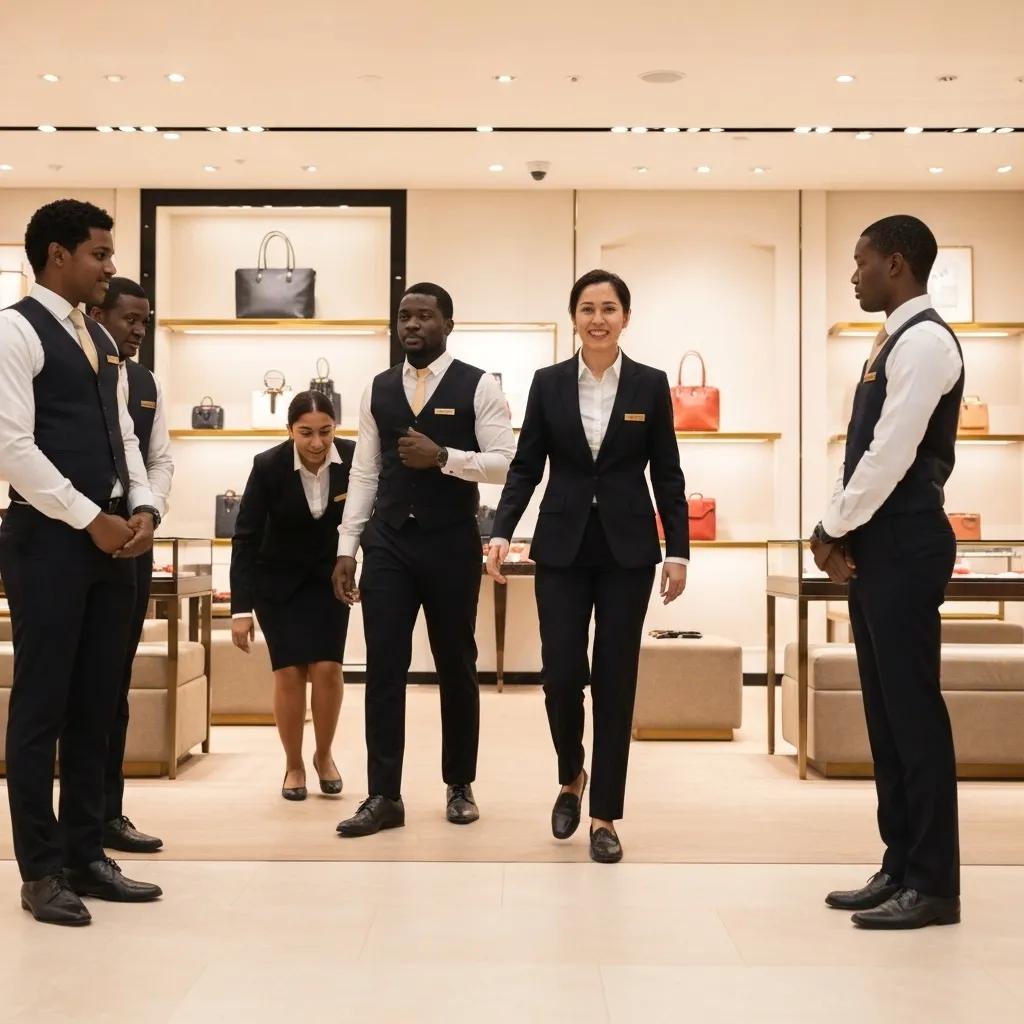 Luxury retail employees participating in safety training to prevent smash-and-grab incidents, emphasizing teamwork and awareness