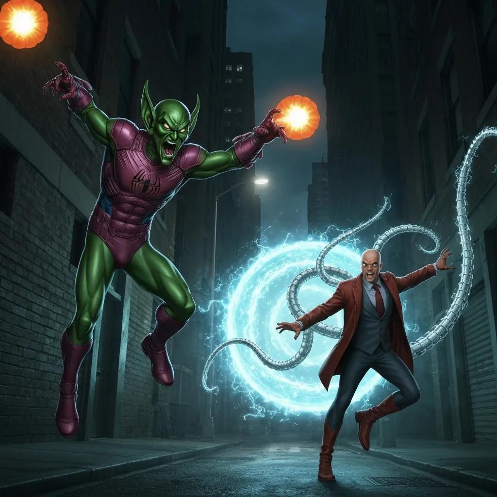 Iconic Spider-Man villains Green Goblin and Doctor Octopus in a dramatic confrontation