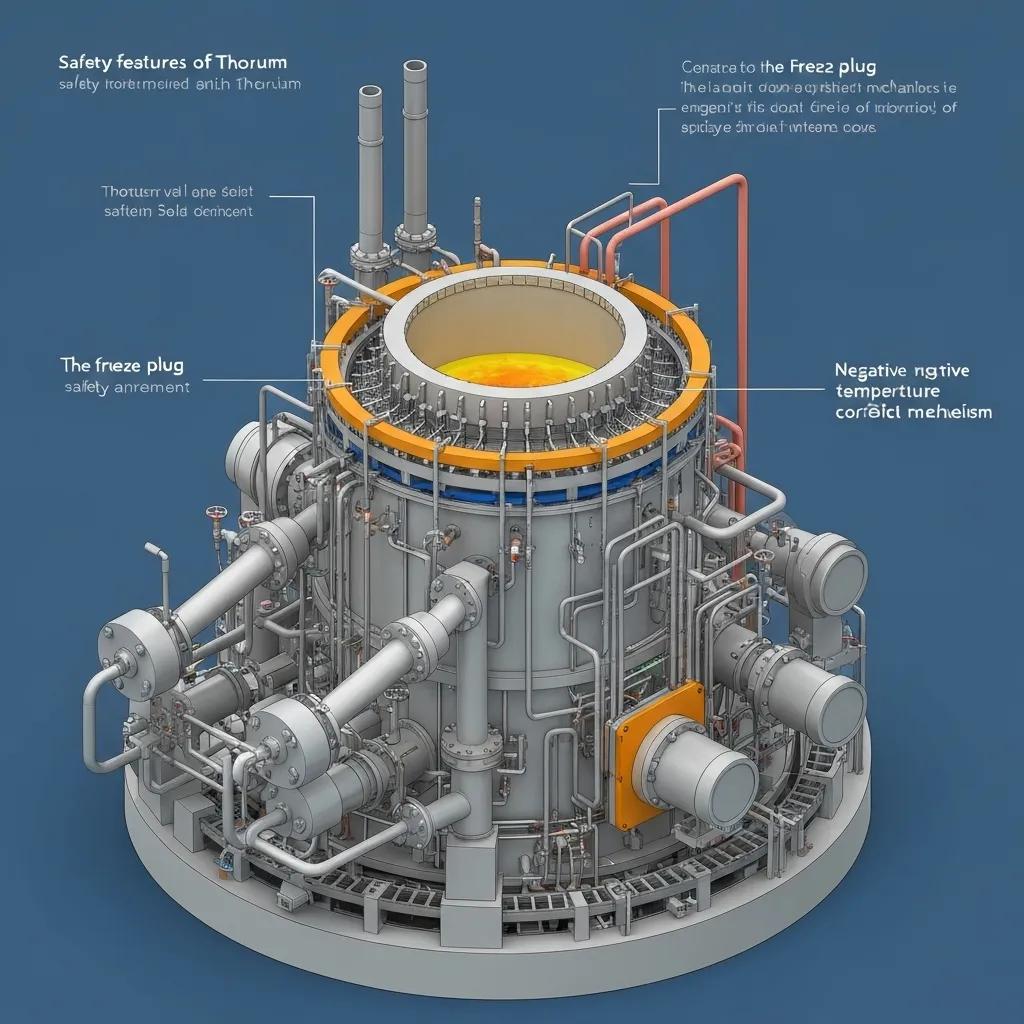 Safety features of thorium molten salt reactors, including freeze plug and temperature control mechanisms