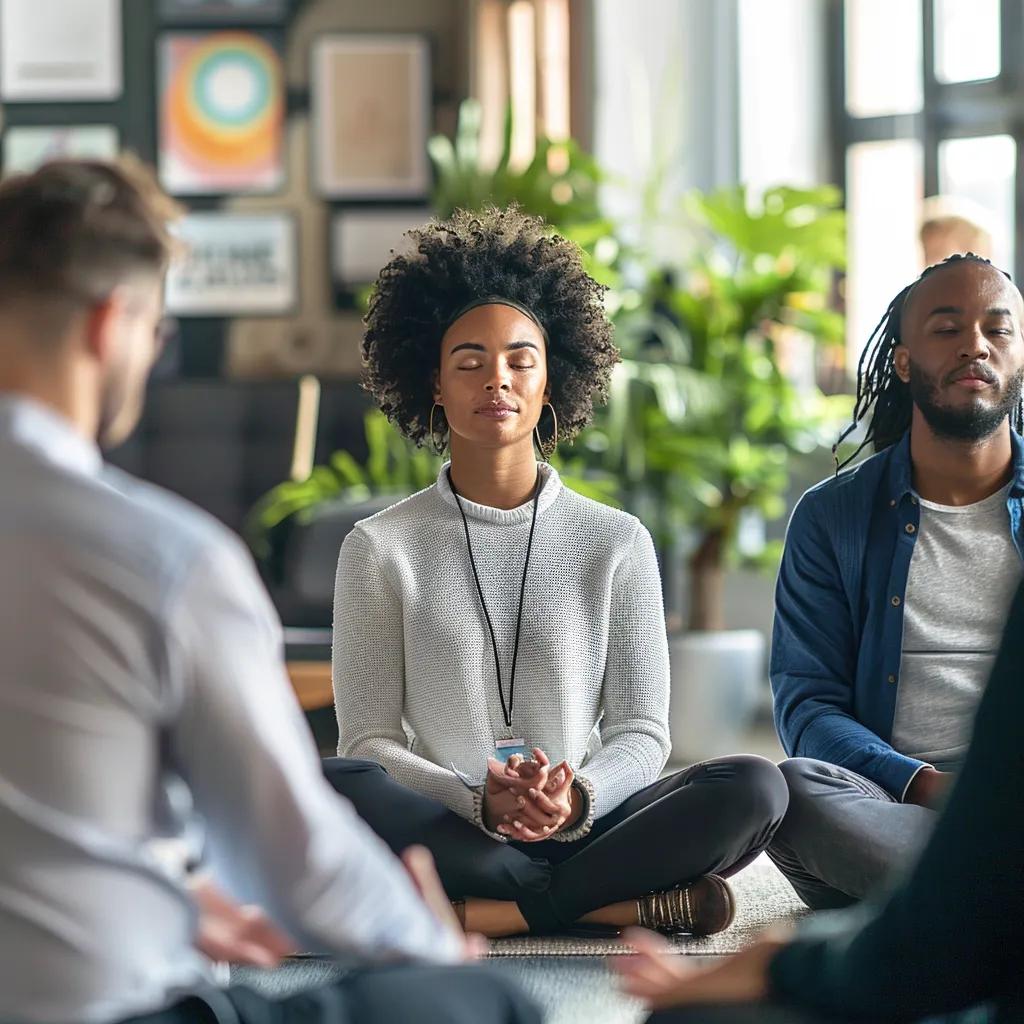 Manufacturing professionals practicing mindfulness techniques for stress management