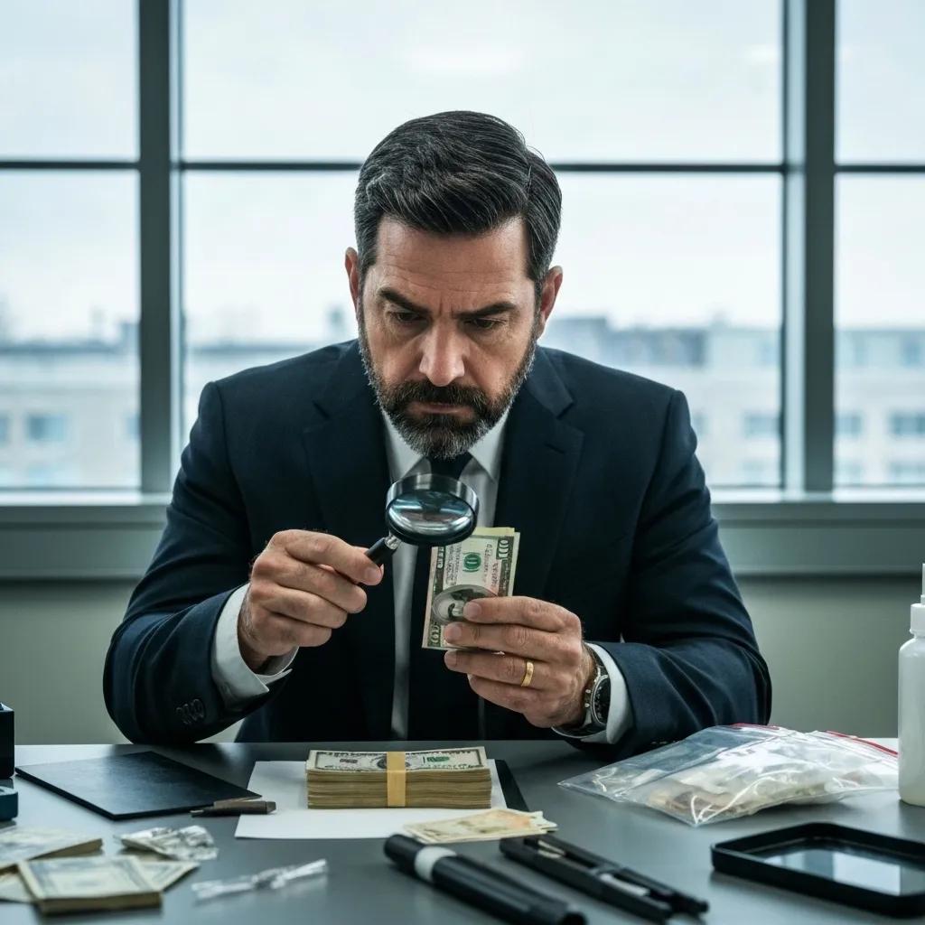 Secret Service agent analyzing counterfeit currency with forensic tools in a professional environment