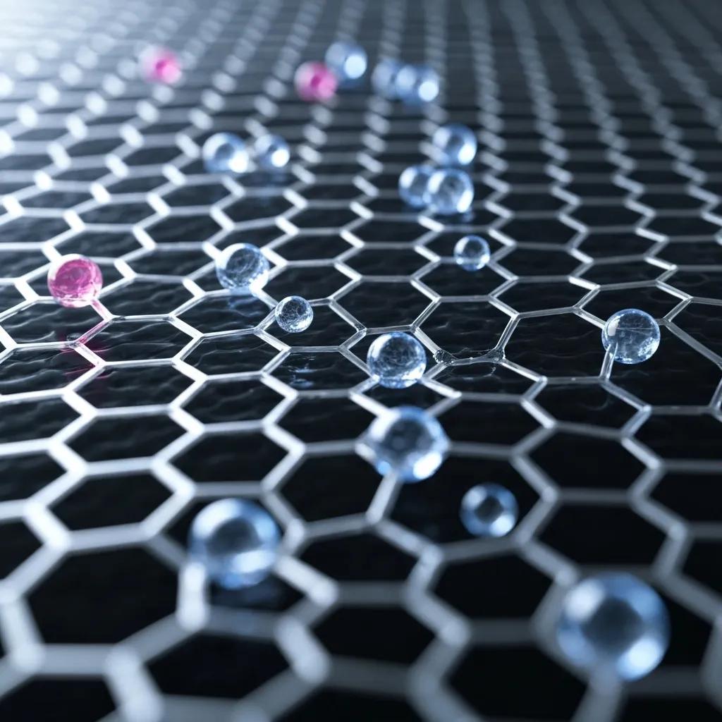 Close-up of graphene membrane showcasing its unique properties for water purification with water molecules passing through