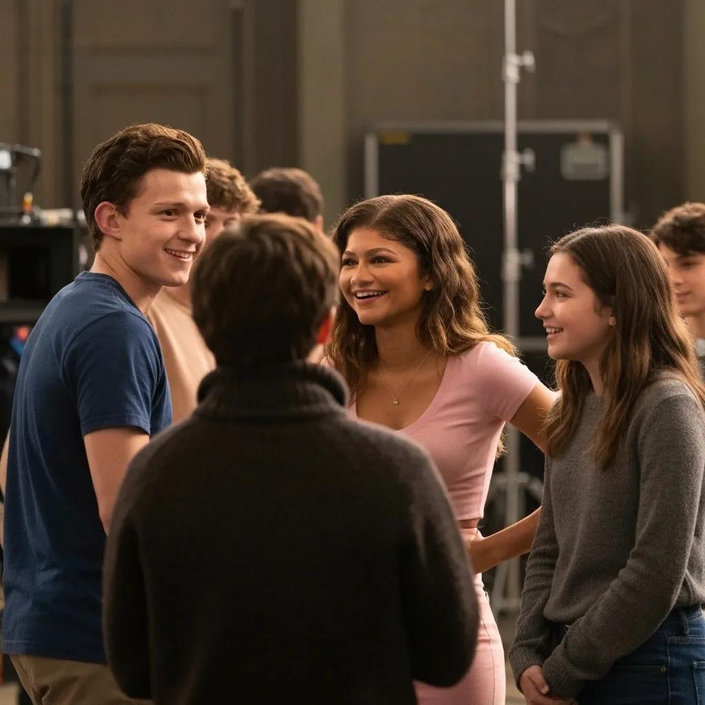 Main cast of the new Spider-Man trilogy smiling together on set