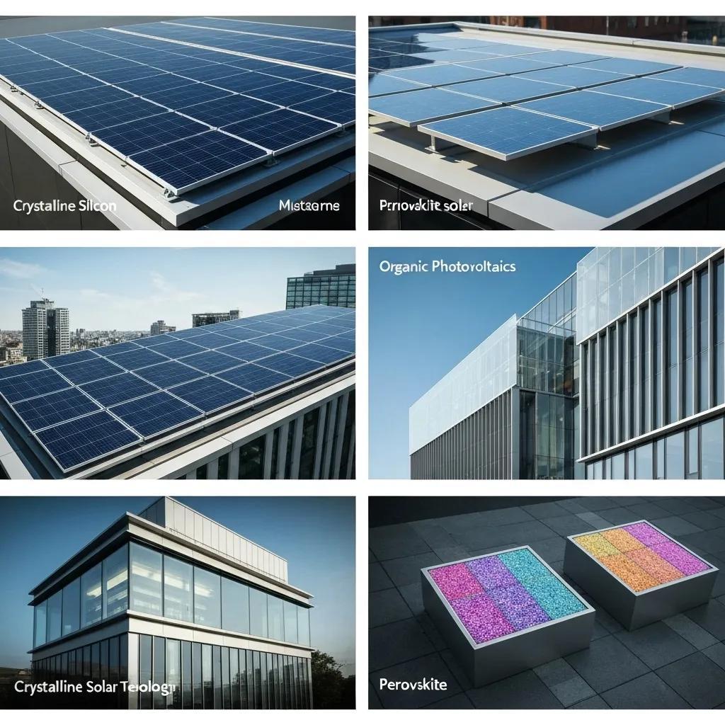 Artistic representation of various transparent solar technologies including crystalline, organic, and perovskite cells