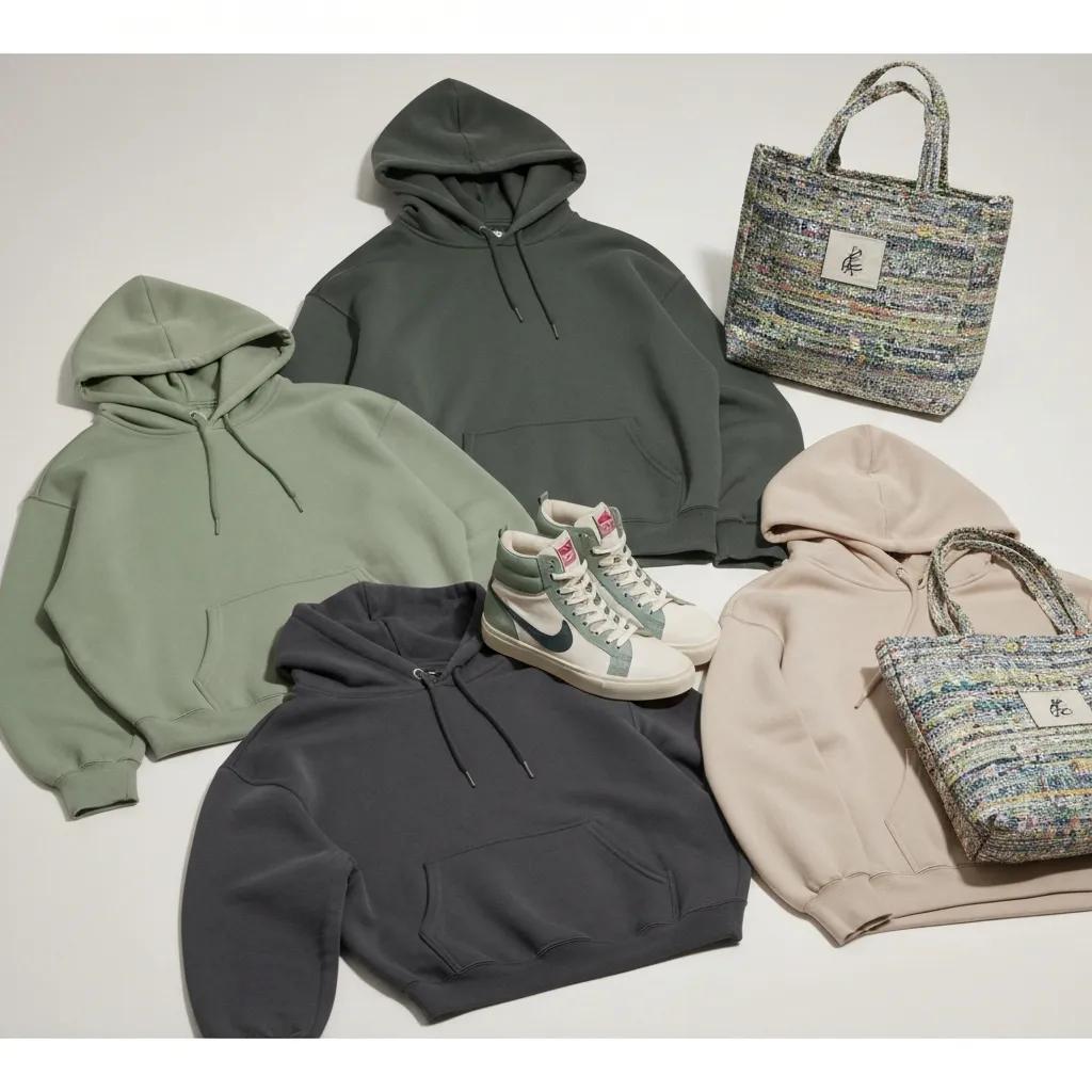 Flat lay of Billie Eilish's sustainable vegan fashion products, featuring hoodies, sneakers, and tote bags in a stylish arrangement