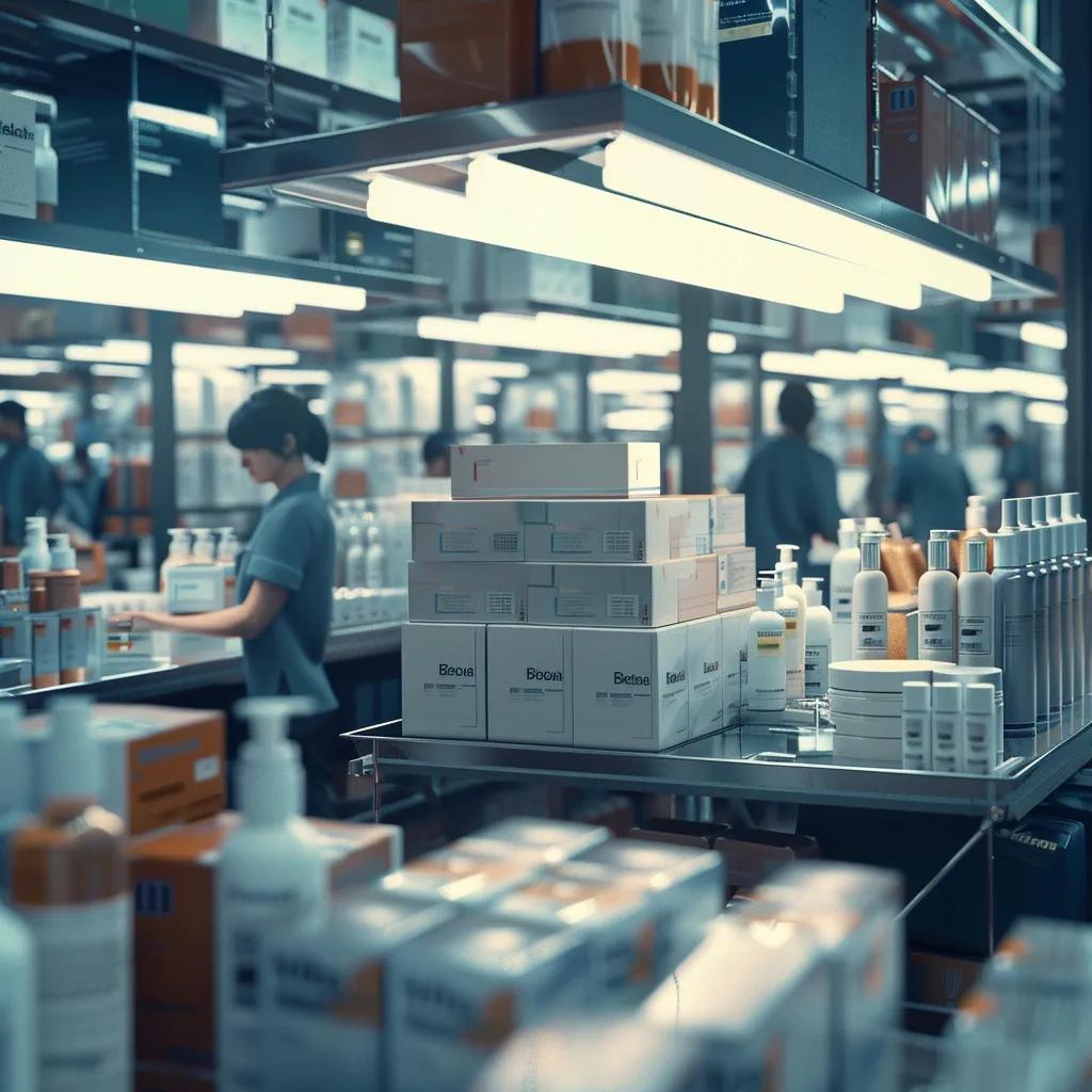 Warehouse scene showing logistics workers managing skincare product shipments, highlighting supply chain challenges