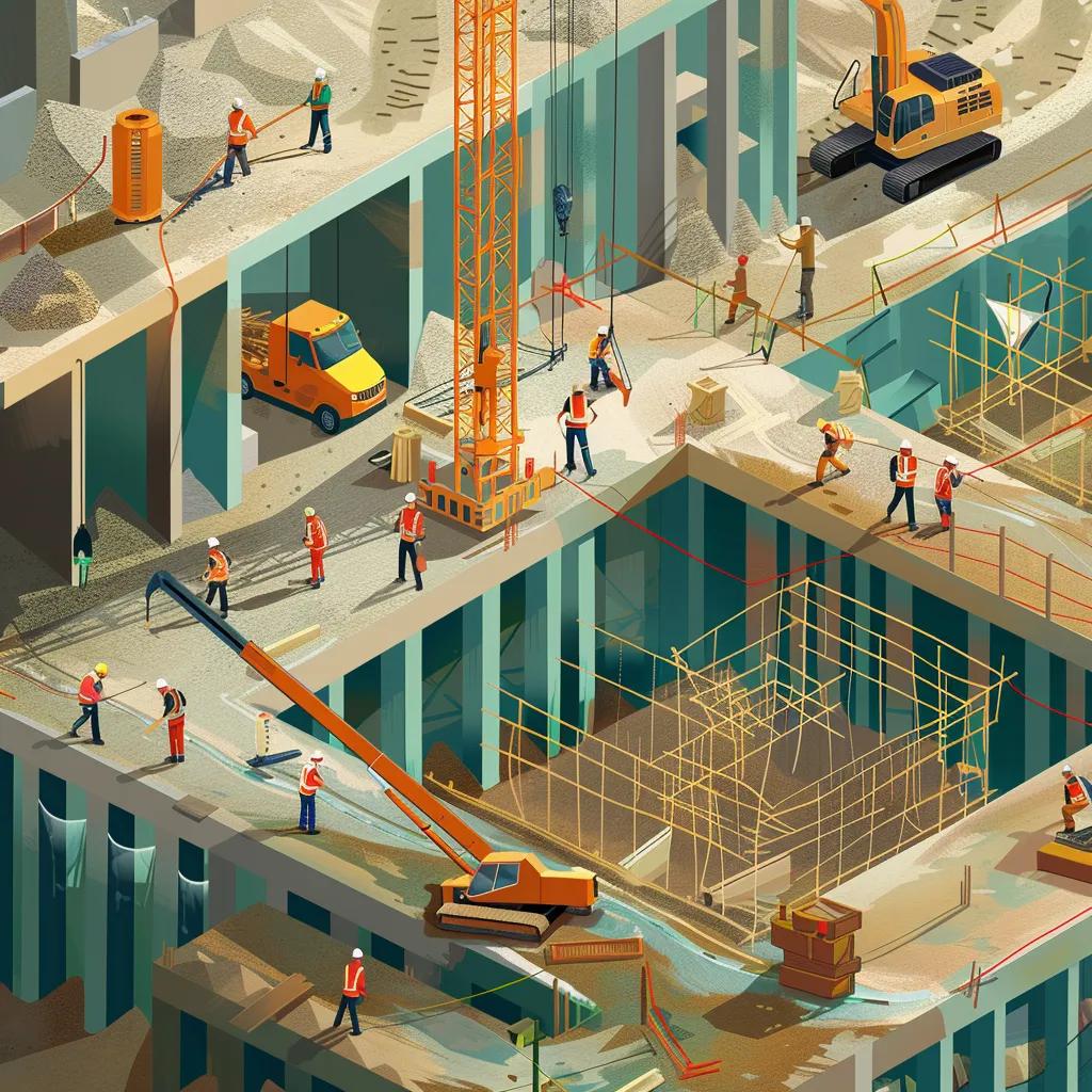 Construction workers adhering to safety regulations on a busy site