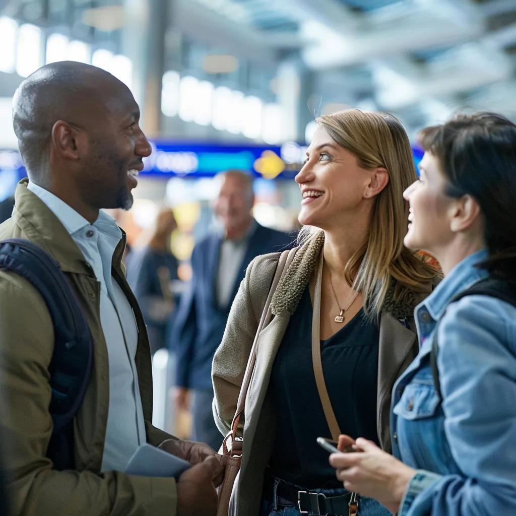 Diverse passengers engaging with airline staff about their rights in a welcoming airport environment, emphasizing the importance of passenger awareness