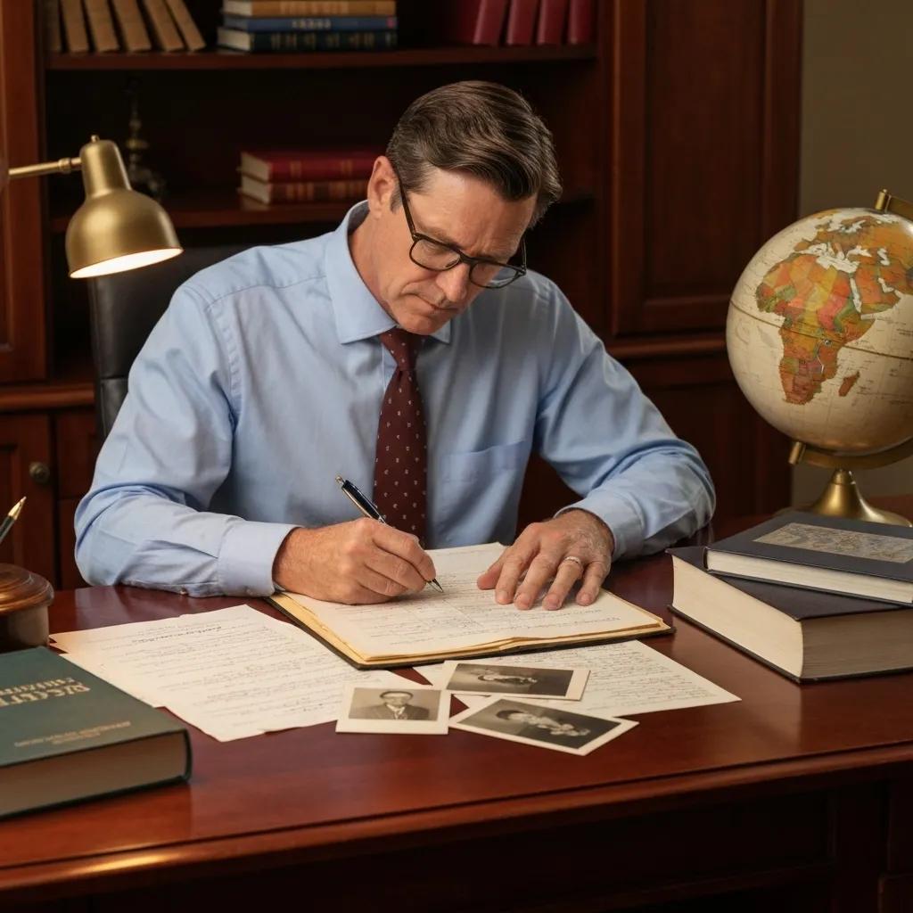 Genealogist researching family trees and DNA connections in a study