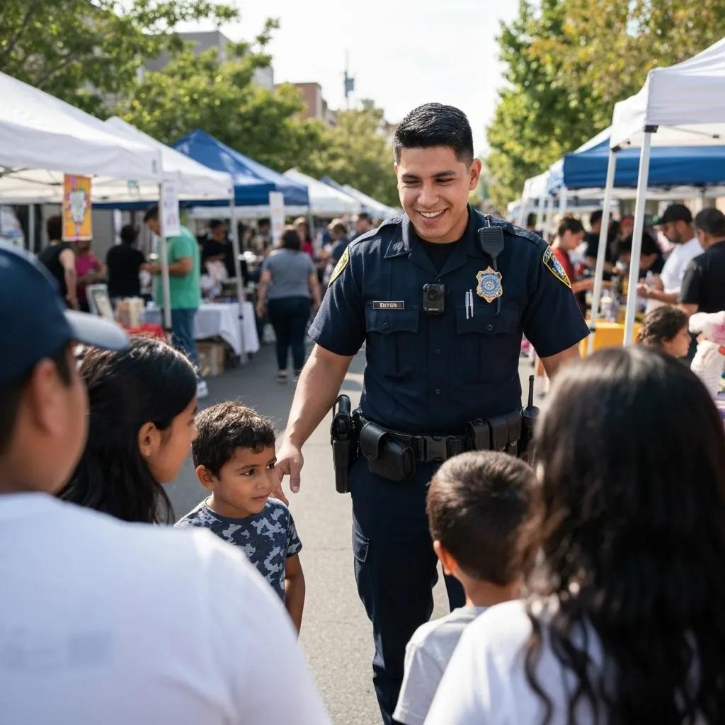 Police officer wearing a body camera engaging with community members at a neighborhood event, emphasizing transparency in policing.