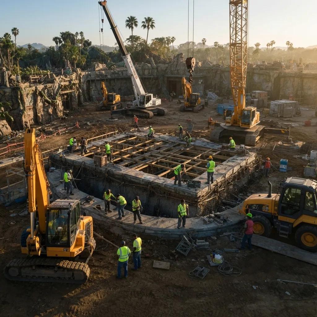 Construction scene of Disneyland's Avatar land showing workers and machinery transforming the Hollywood Backlot