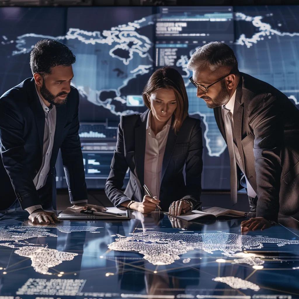 Analysts discussing competitor intelligence strategies over a map of the Middle East