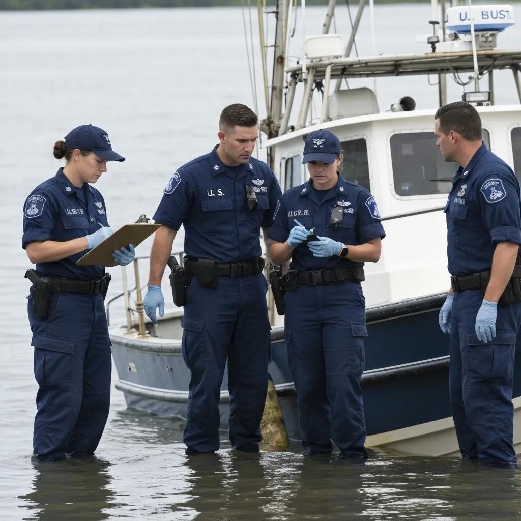 U.S. Coast Guard officers investigating a boating accident scene