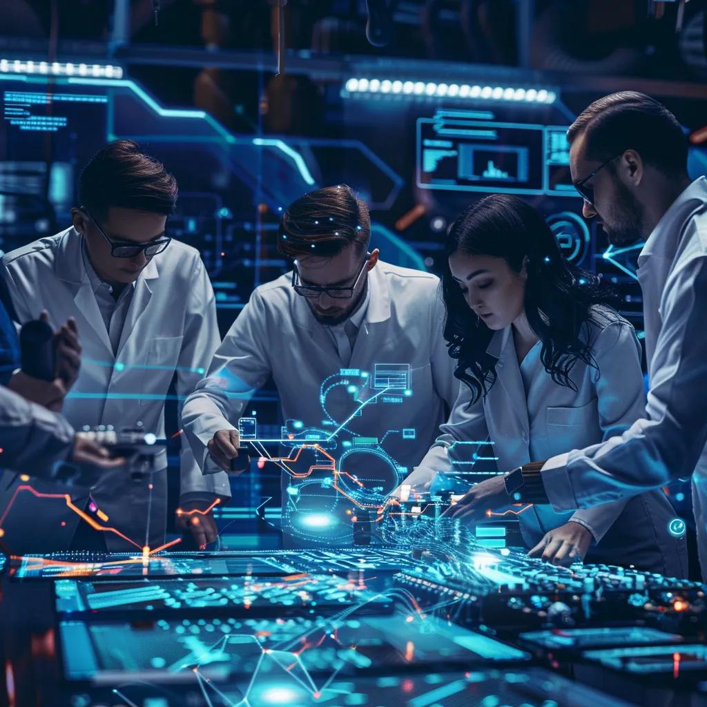 Engineers collaborating on AI chip design in a high-tech environment