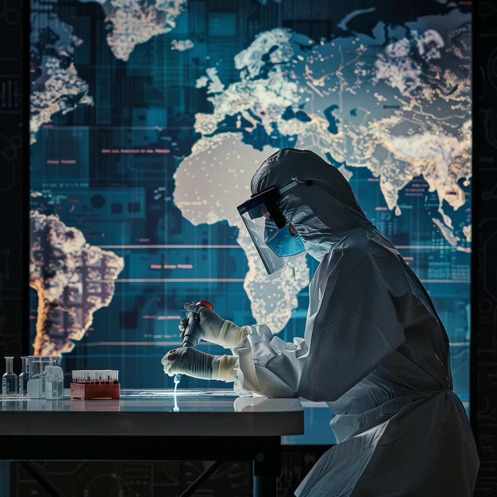 Healthcare worker in protective gear analyzing samples related to Nipah virus outbreaks in South India