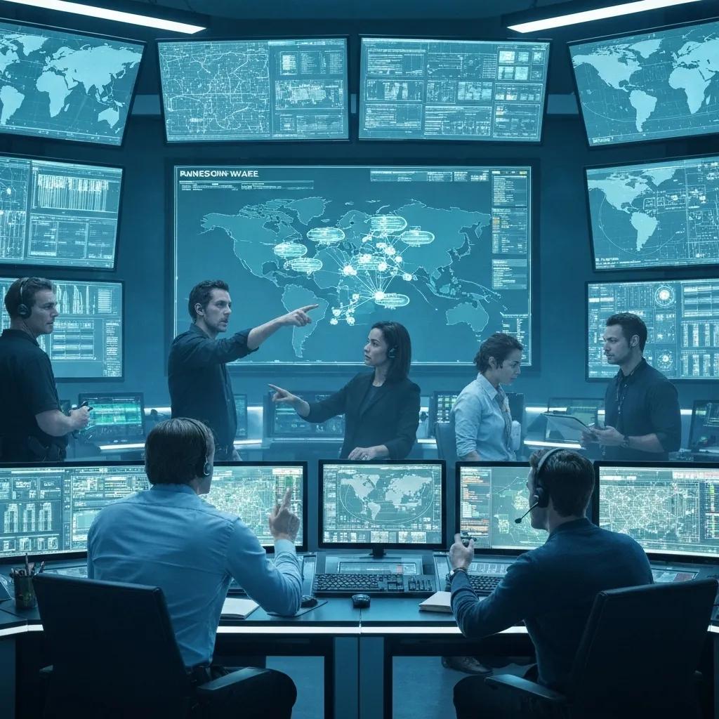 FBI agents in a command center coordinating efforts against ransomware cybercrime