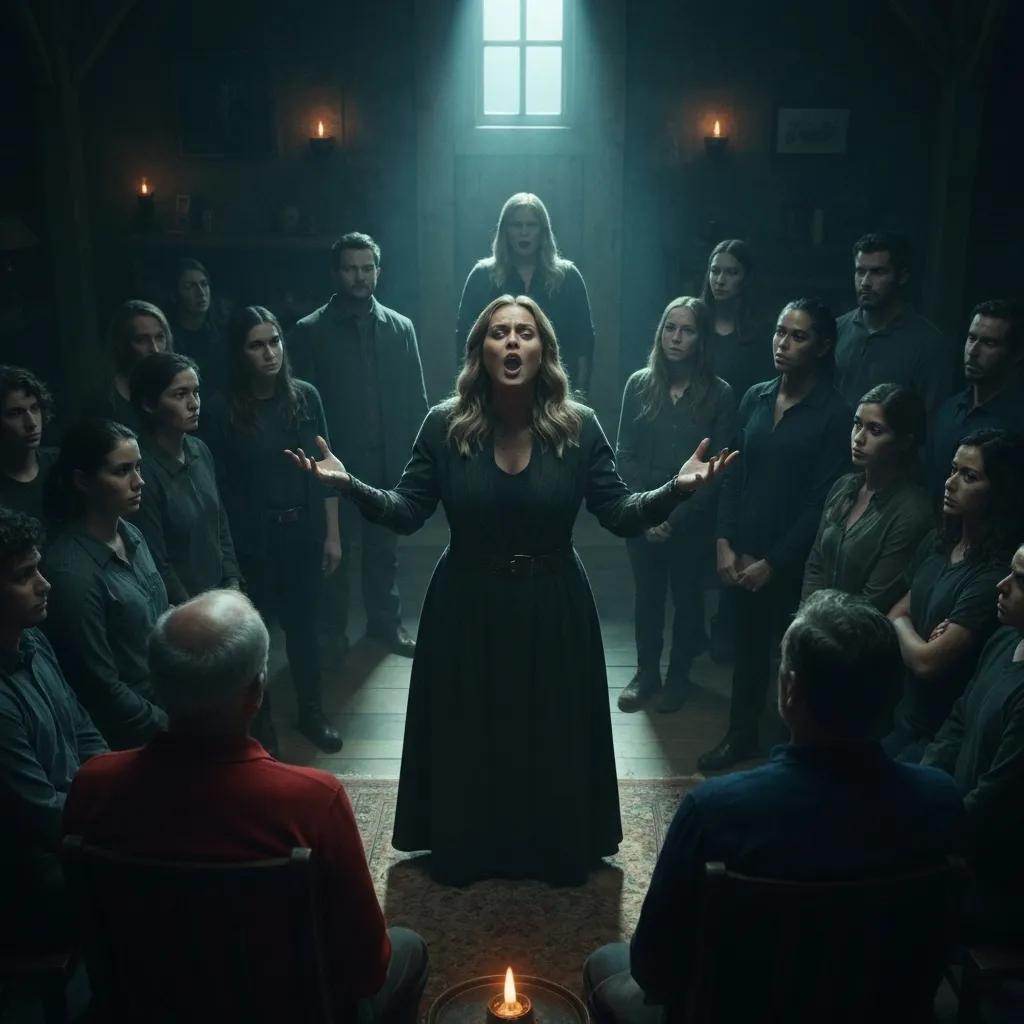 Group of followers captivated by a cult leader, illustrating psychological tactics of coercive control