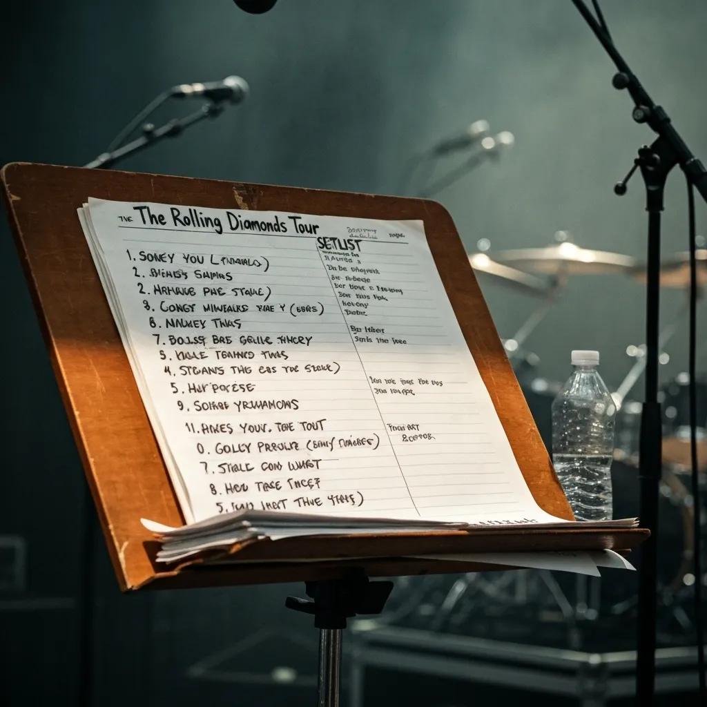 Close-up of The Rolling Stones' setlist for the Hackney Diamonds Tour, highlighting song titles and performance details
