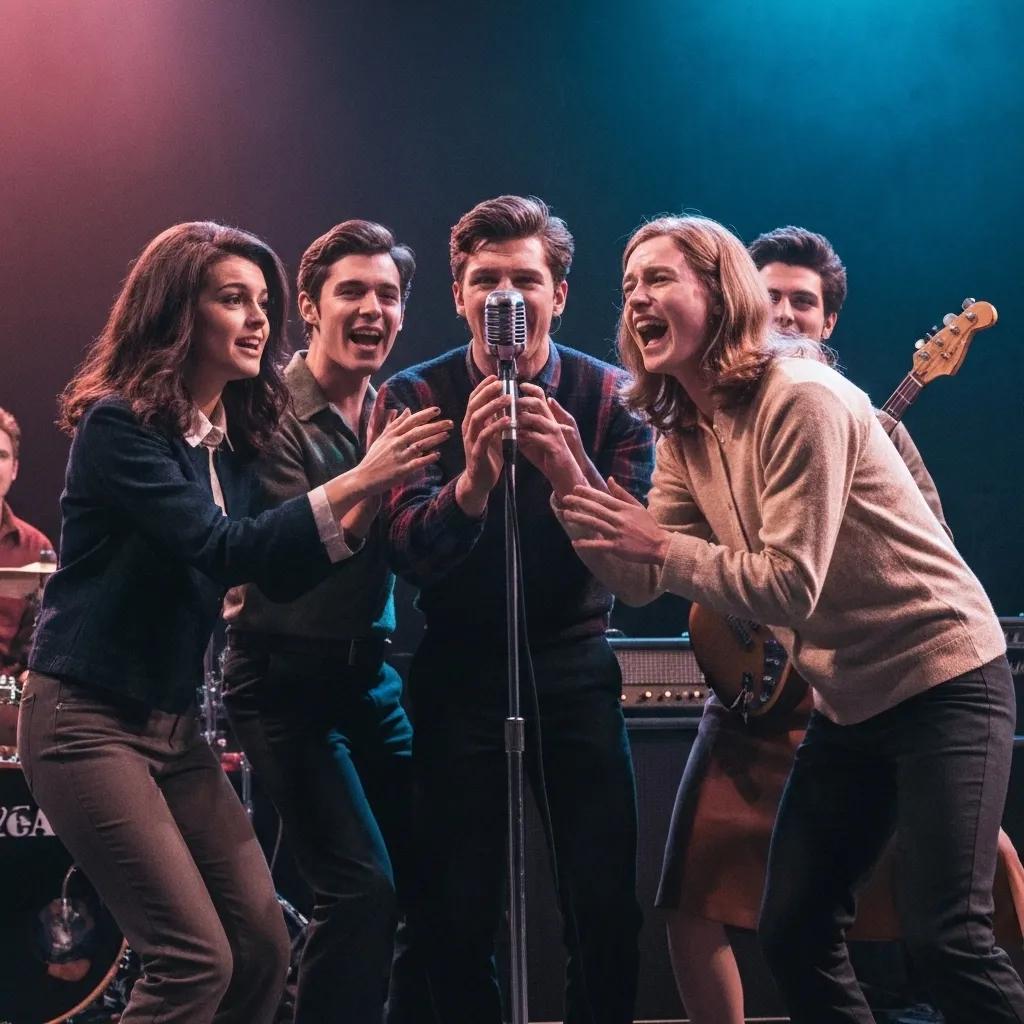 Ensemble cast of 'A Complete Unknown' including Timothée Chalamet, Edward Norton, Monica Barbaro, and Elle Fanning in a 1960s music scene