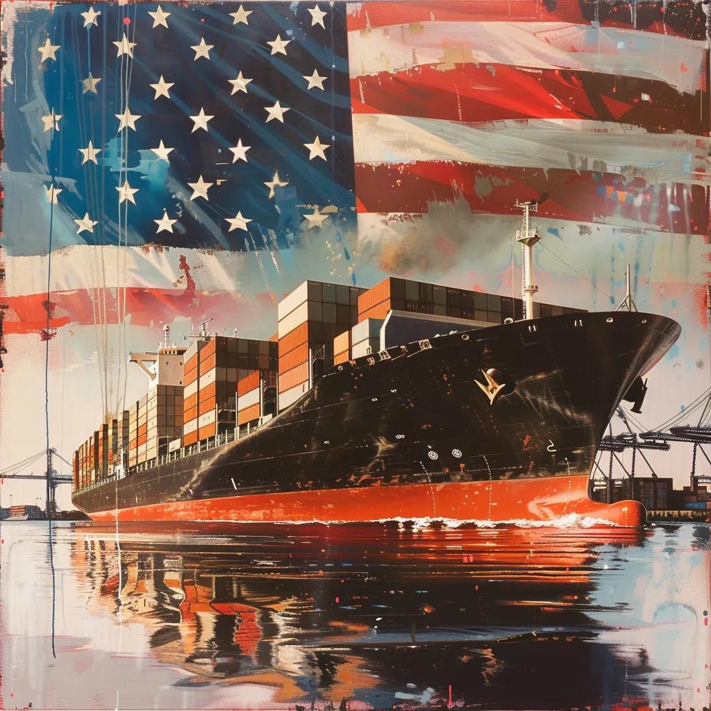 Symbolic representation of trade with an American flag and a cargo ship, highlighting the theme of tariffs and globalization