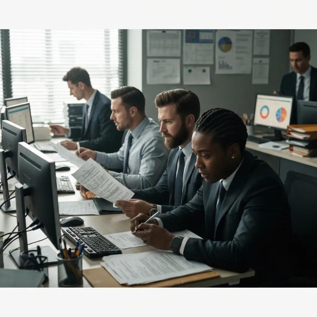 Federal agents conducting a healthcare fraud investigation with documents and technology