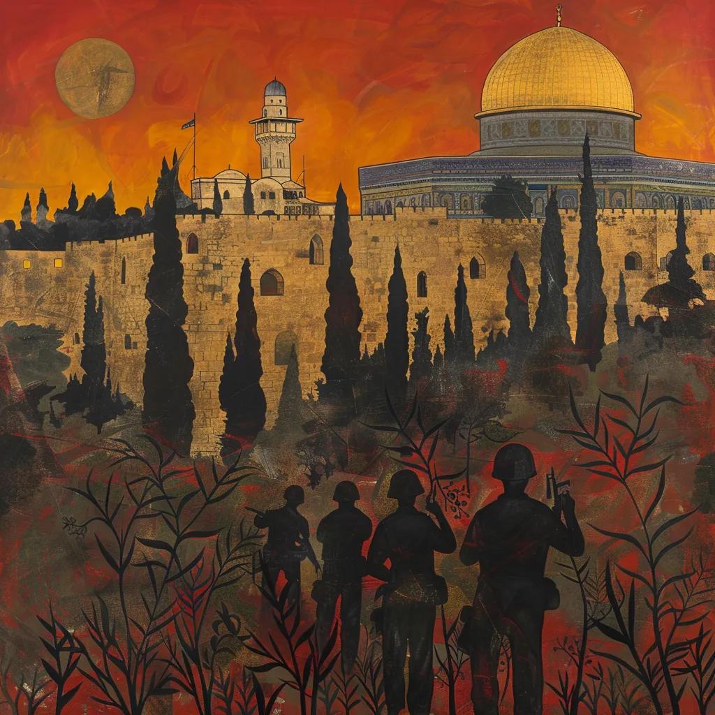 Symbolic representation of peace and conflict in the Middle East with Jerusalem's Dome of the Rock